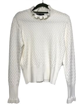 On 12th Textured Knit Ruffle Mock Neck Sweater NWT White Large